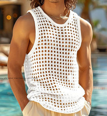 Mens Knitted Crochet Tank Tops Summer Hollow Sleeveless T-shirt Scoop Neck Shirt
