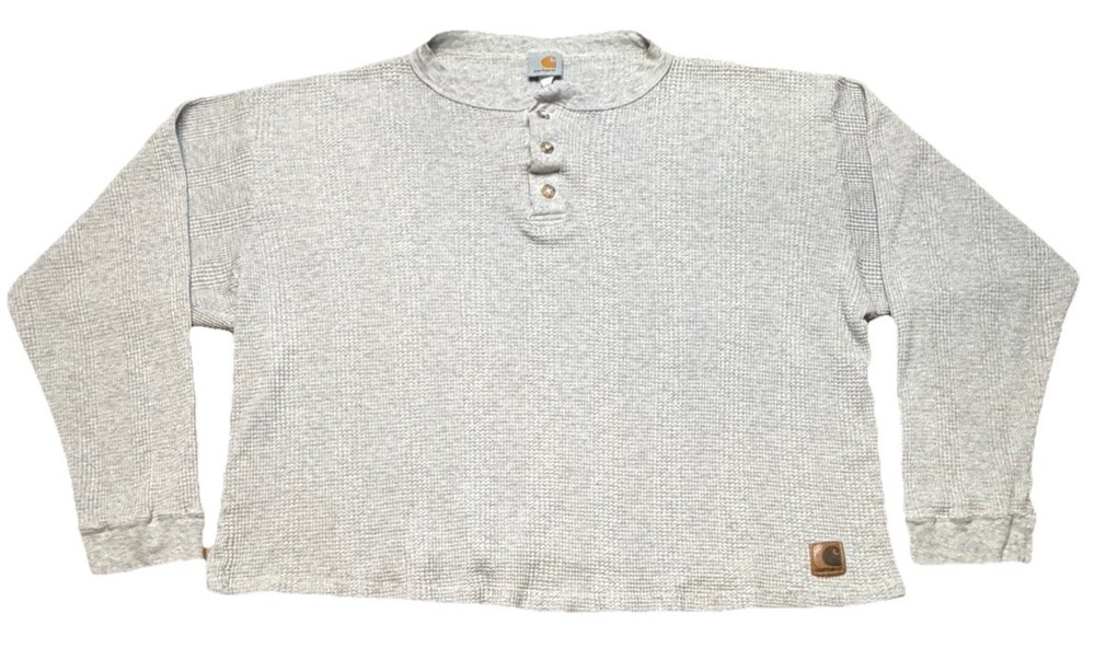 Vintage Carhartt L Gray Waffle Thermal Henley Shirt 28×22″ Made in USA