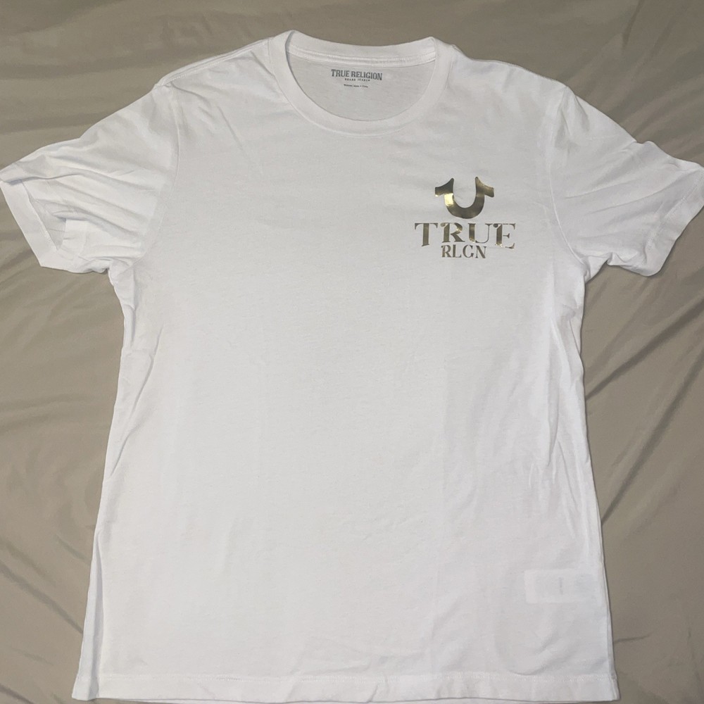 TrueReligion Tshirt Mens•M White Gold Monk Buddha Embossed Logo Graphic CrewNeck