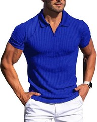 Mens Slim Fit Ribbed Knit Polo Shirt Short Sleeve V Neck Casual Muscle Tee Top