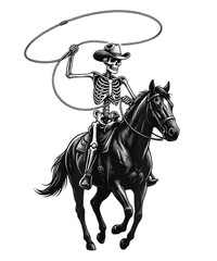 Men Women Rodeo Cowboy Skeleton Dark Western Horse Vintage Art Graphic T-Shirt
