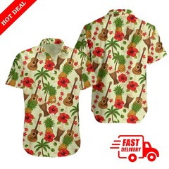 Hawaii Island Mens Ukulele Music Print Hawaiian Shirt Cotton Blend Pleated Top
