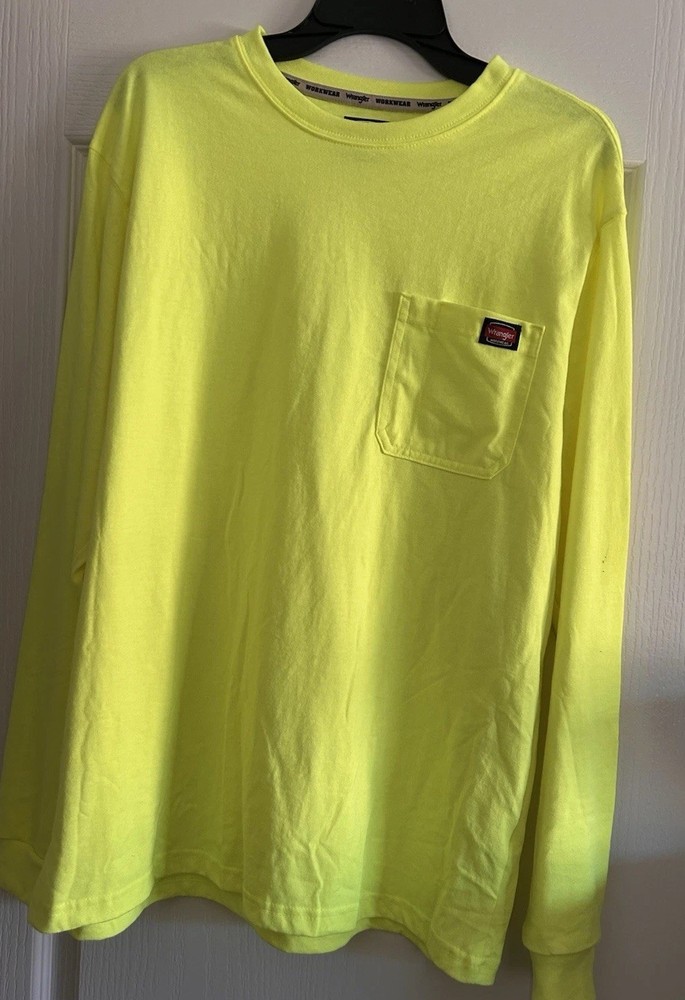 Wrangler Workwear Hi-Vis Neon Yellow Long Sleeve T-Shirt w Pocket Mens L 42-44