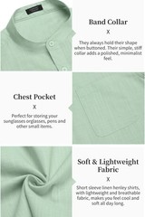 Men’s Casual Cotton Linen Henley Shirts Beach with Pocket Light Green L
