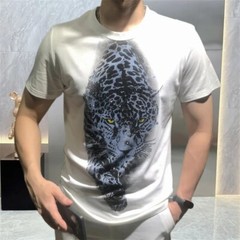 New Men Luxury Leopard Rhinestones Fashion Black White T-Shirt High Quality