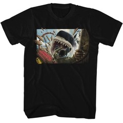 JAWS Movie T-Shirt AMITY ISLAND MAN FALLING IN SHARK New Official Black Cotton
