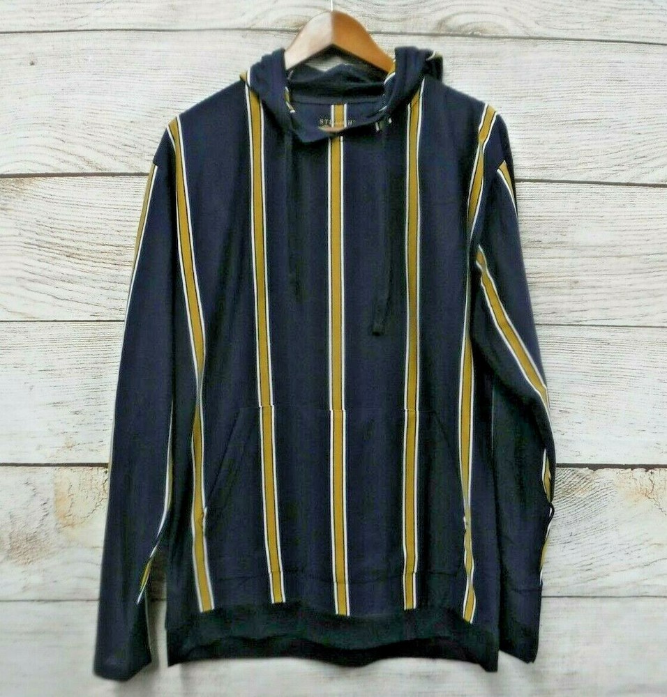Straight Faded Hooded Shirt Mens Medium Blue & Gold Striped Skinny Fit New