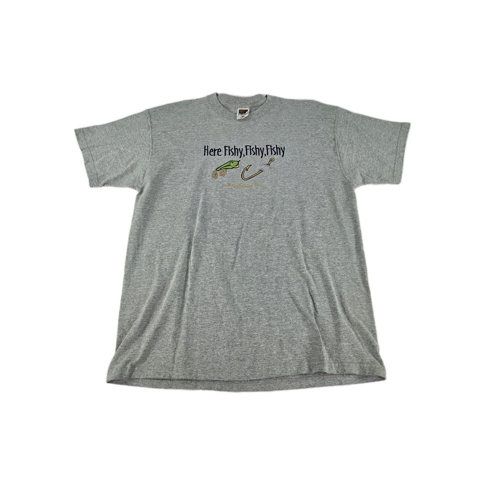 Here Fishy Fishy Embroidered Fishing Size XL Fruit Of The Loom T-Shirt Mens Gray
