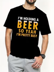 Men’s Fashion T-Shirt, Casual Tee with Printed Beer Graphic, Round Neck, Summe