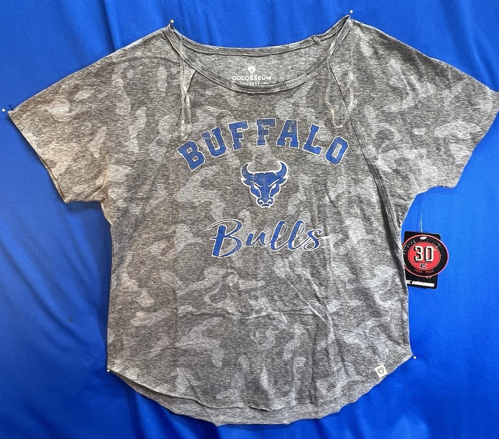 NWT ladies SML Univ. at Buffalo (NY) Bulls crew gray cotton/poly/rayon tee