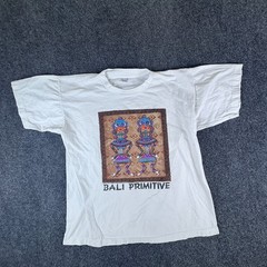 Vintage Bali Primitive Designs T-Shirt Men Large White Tribal Art Graphic Cotton