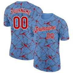 Custom Light Blue Red Abstract Crackle Sports Tee Personalized Team Jersey