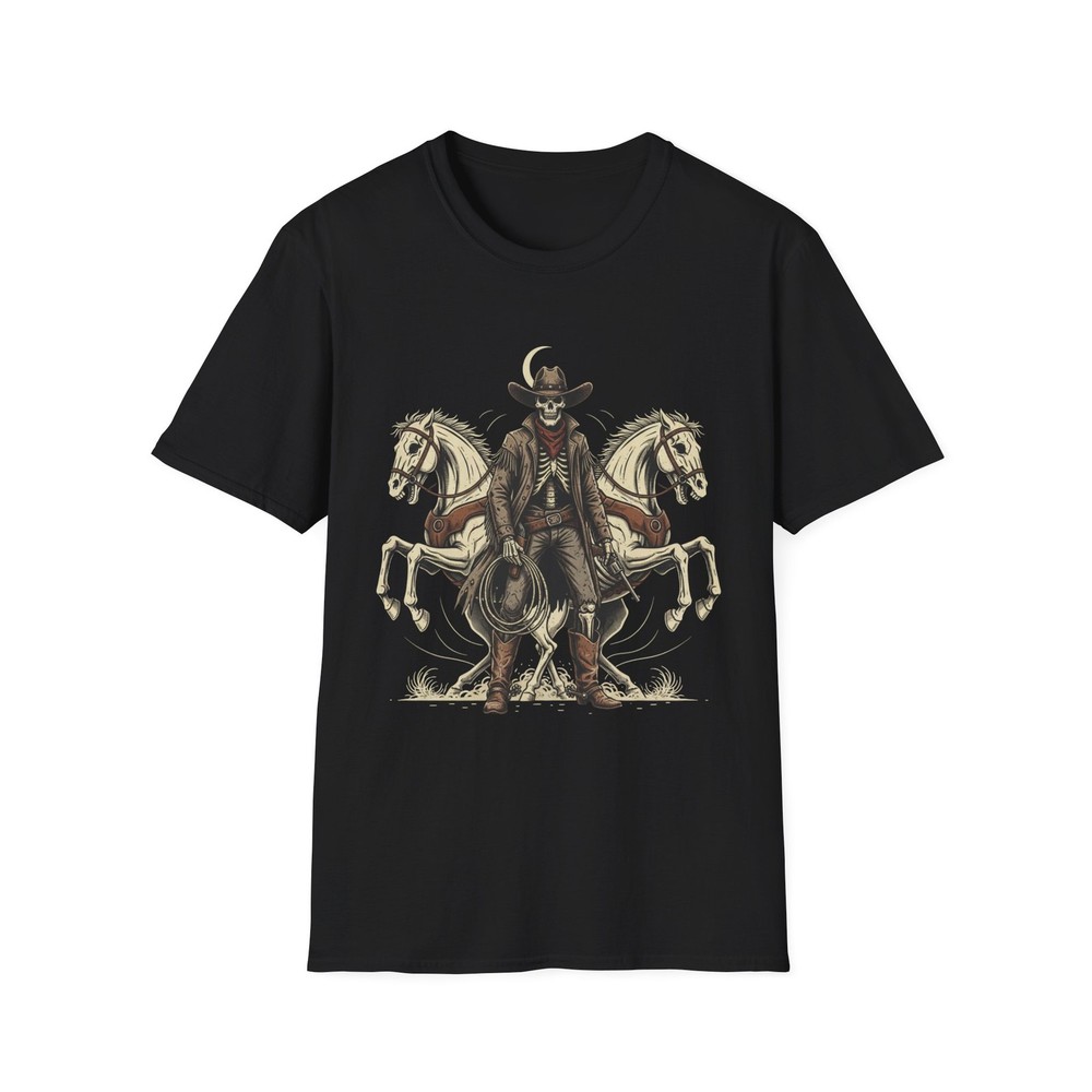 Skull Cowboy with Dual Horses T-Shirt | Western Skeleton Rider