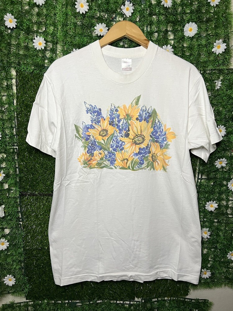 Vintage 1996 Sunflowers Outdoor Nature Art T-Shirt Large White USA Made FOTL SEE