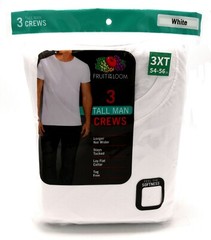 3 White Tall Man 3XT 54-56 Inch Crew Neck T-Shirts Fruit Of The Loom 137-142 CM