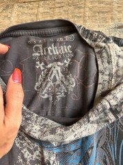 Archaic All Over Print Graphic Tee Y2K Affliction Style Eagle Cross Shirt XXL