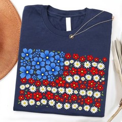 Floral American Flag Shirt 4th of July Patriotic Wildflower USA 250th Unisex Tee
