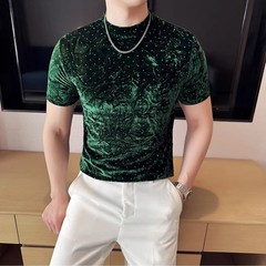 Summer Velvet Pleated Hot Stamping T-shirt for Men’s Fashion Versatile Slim Fit