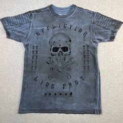 VTG Affliction Shirt Mens Small S Born Free Skull Wrench Moto Pleated Shoulder T