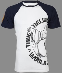 $79 TRUE RELIGION White Navy PART BUDDHA Short Sleeve Designer Raglan T-shirt