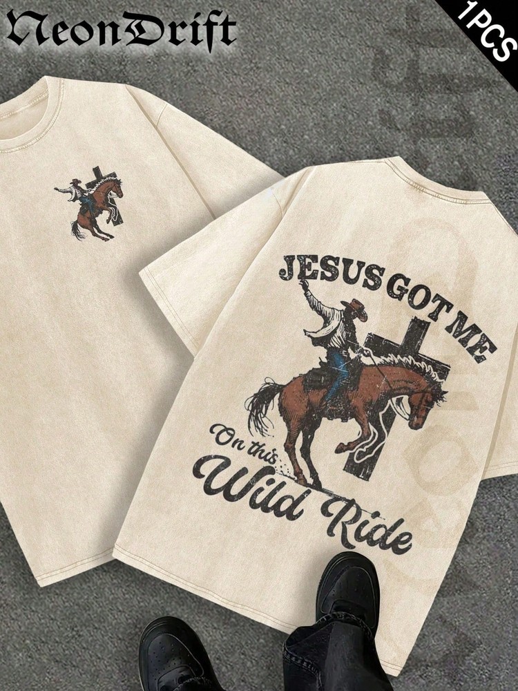 Cowboy Horse Front Western Letter Back Tee Short Sleeve