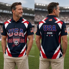 USA Soccer 2026 Golf Shirt Men Patriotic American Flag Soccer Fan Polo (S-5XL)