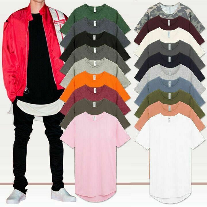 Mens BASIC HIPSTER T Shirts Casual Extended Longline Back Hip Hop Hemline Tee
