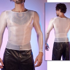 Sexy for LINGERIE Men’s Oil Shiny Long Sleeve Sheer Tights O Neck Top Shirt