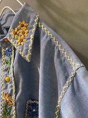 Vintage 70s Handmade Floral Embroidery Hippie Long Sleeve Shirt Blue M