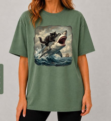 Black Cat Biting Shark Shirt, Funny Cat Lover Tshirt, Epic Graphic Tee