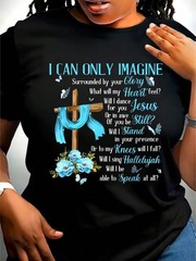 Women’s Inspirational Christian TShirt I Can Only Imagine Cross And Blue Floral