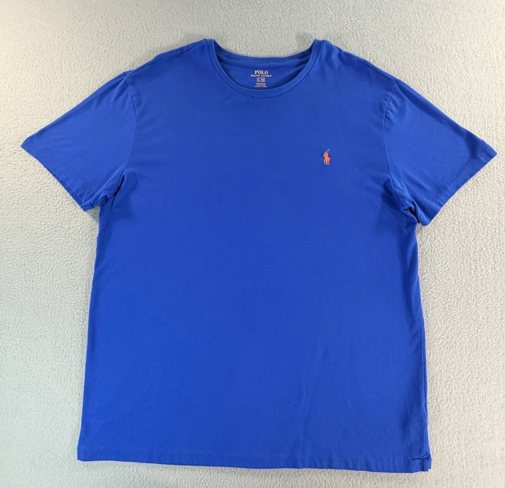 Polo Ralph Lauren Men’s Blue Crew Neck T-Shirt Large Orange Pony Cottonl