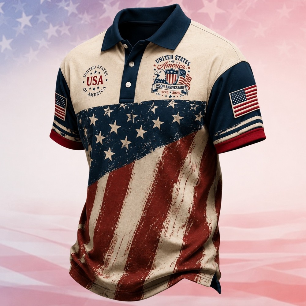 USA 250th Anniversary Golf Shirt 1776-2026 American Flag Patriotic Polo (S-5XL)