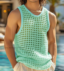 Mens Knitted Crochet Tank Tops Summer Hollow Sleeveless T-shirt Scoop Neck Shirt