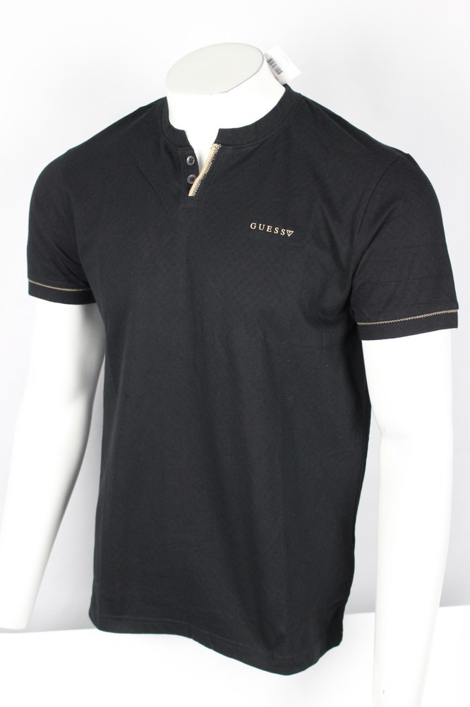 Guess Men’s Ricardo Short Sleeve Slit Henley T Shirt Jet Black Textured
