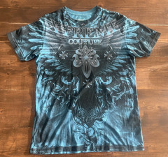 Xtreme Couture Men’s T-Shirt Size Large Blue All Over Print Cross Y2K