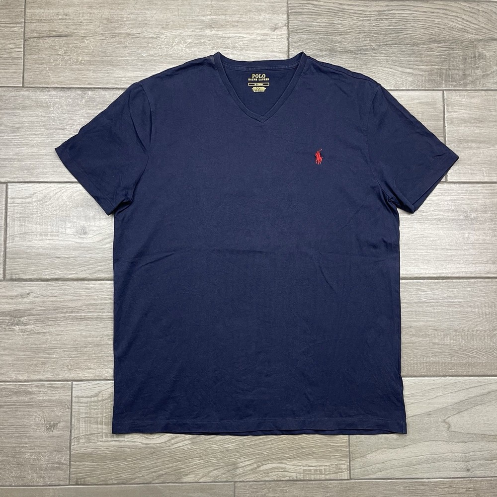 Polo Ralph Lauren V Neck T Shirt Mens Medium Cotton Navy Blue Red Pony Logo
