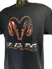 Black T-Shirt w/ Red White & Blue American Flag Dodge Ram Truck Emblem