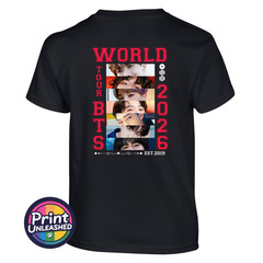 KPOP Premium Printed T-Shirt BTS Tour 2026 Front & Back Black Child Adult Teen