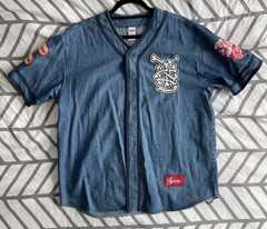 Supreme Patches Denim Baseball Jersey S/S 2021 Sz M 100 % Authentic