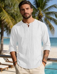 Men’s Linen Shirts Casual Long Sleeve Pleated Front T-Shirt Button Henley Col…