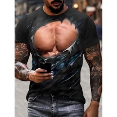 Men 3D-Muscle Tattoo Print T-Shirt Short Sleeve Digital Printing Shirts-Tops Tee