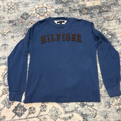 Tommy Hilfiger Vintage Style Blue Waffle Knit Long Sleeve Shirt with Brown Spell