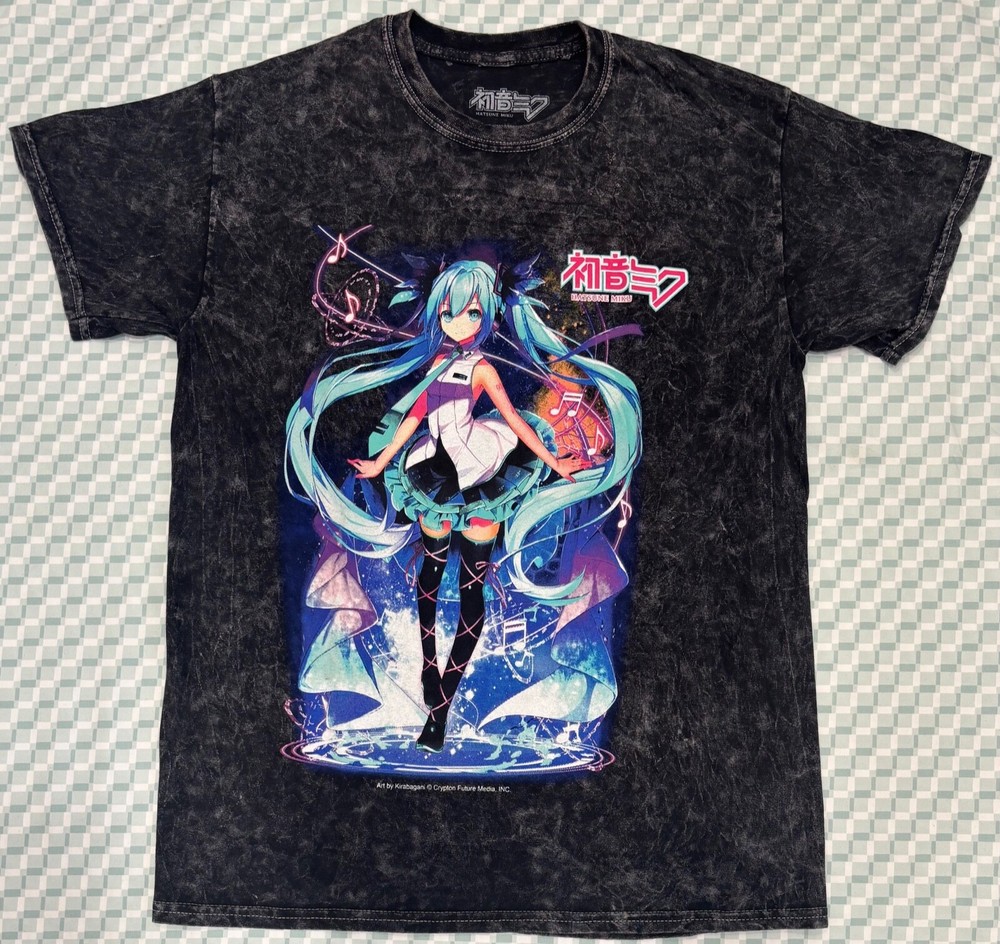 Men’s Hatsune Miku Black Mineral Wash Front Print Tie Dye SIZE S
