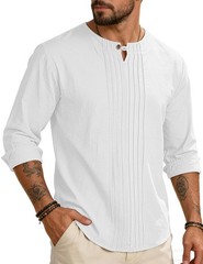 Men’s Linen Shirts Casual Long Sleeve Pleated Front T-Shirt Button Henley Col…