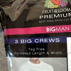 Fruit Of the Loom Undershirts T-Shirt 3-pk Big Man Crew Neck 2XB White NEW