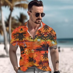 Men Hawaiian Shirts Floral Palm Tree Sunset Surf Beach Party Holiday Stag Dance