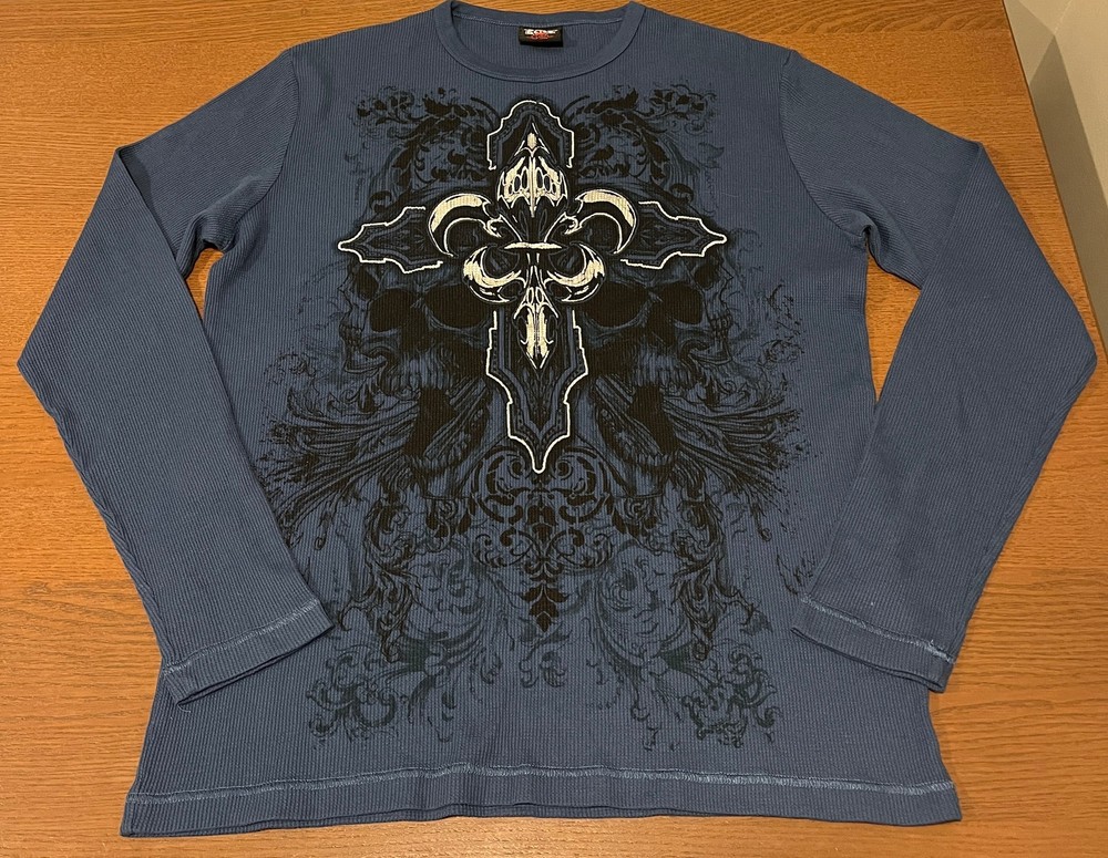 MMA ELITE Men’s X-Large Blue Waffle Knit Long Sleeve T-Shirt Graphic Skulls