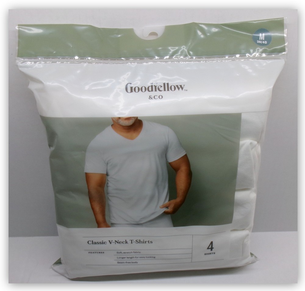 Classic T-shirts 100% Cotton Goodfellow WHITE V-NECK 4 ct MEDIUM Soft Stretch