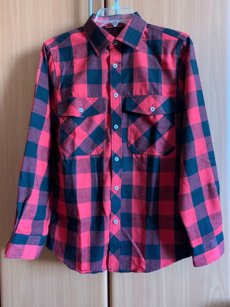 Design in Italy Men’s Shirt Red and Black Plaid Long Sleeve 2 Pockets Size XS